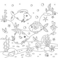 bambini anti stress colorazione libro con vario pesce, fondale marino e alghe. vettore azione illustrazione. schema illustrazione di subacqueo vita e marino animali. anti stress colorazione libro.