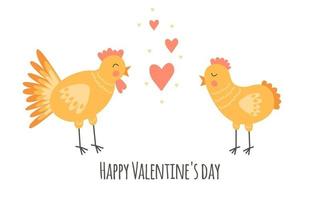 simpatica stampa vivaio con galline e cuori. buon San Valentino. 14 febbraio. giallo, rosa, arancione. vettore