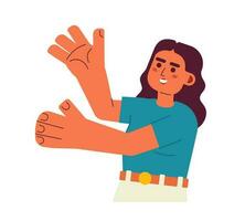 eccitato latina donna presentazione con mani palma su semi piatto colore vettore carattere. ragazza con sollevato braccia. modificabile metà corpo persona su bianca. semplice cartone animato individuare illustrazione per ragnatela grafico design