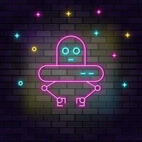 robot, ufo icona , neon su parete. buio sfondo mattone parete neon icona. vettore