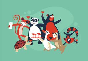 Happy Time, Selfie e gruppo di animali selvatici che celebrano insieme il partito vettore