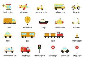 insieme di mezzi di trasporto con nomi. illustrazioni vettoriali. vettore