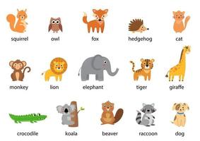 set di simpatici animali dei cartoni animati con nomi. illustrazioni vettoriali. vettore