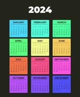 calendario 2024, settimana inizia a partire dal domenica, su nero sfondo nero testo su colorato strisce, modello, vettore. luminosa design. vettore