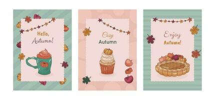 impostato di autunno carte con accogliente oggetti. zucca latte macchiato, zucca cupcake, fatti in casa torta, acero foglie, carino ghirlanda su retrò sfondo. colorato vettore design di cartolina, manifesto, striscione, volantino, ragnatela.