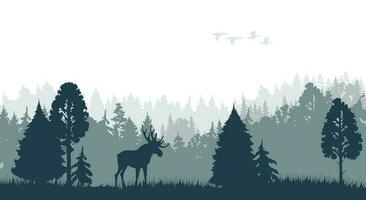 silhouette di mattina foresta con alce americano e anatre vettore
