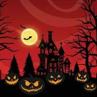 Halloween notte sfondo, zucche e buio castello. vettore illustrazione.
