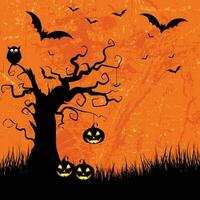 Halloween zucche, spaventoso alberi e frequentato Casa con chiaro di luna su blu sfondo. vettore
