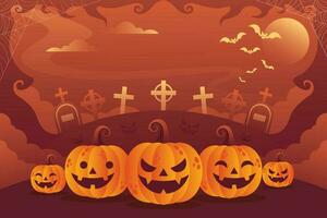 Halloween concetto, contento Jack o lanterna con Ali volante tra zucche su arancia colore sfondo, minimo stile, 3d rendere vettore
