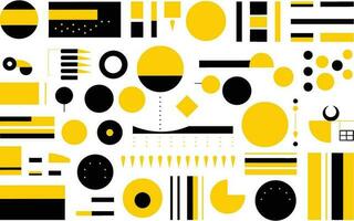 impostato di moderno piatto geometrico forme nel giallo, nel il stile di strisce e forme, grassetto nero lineamenti, geometrico forme modelli, bianca sfondo, geometrico vettore
