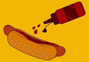 hot dog. panini weiner con salsiccia e salsa rossa. hot dog con ketchup, isolato in sfondo giallo vettore