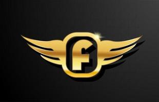 f oro lettera logo alfabeto per affari e società con colore giallo. logo aziendale e scritte con design e ala in metallo dorato vettore