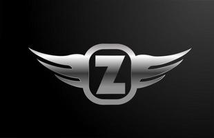 z lettera logo alfabeto per affari e società con ali e colore argento. scritte e bordature aziendali con icona del design in metallo vettore