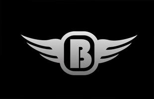 b logo della lettera dell'alfabeto per affari e società con ali e colore grigio bianco e nero. icona di logo aziendale e scritte con un design semplice vettore
