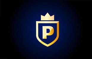icona del logo della lettera dell'alfabeto oro p. design per identità aziendale e aziendale con scudo e corona del re vettore
