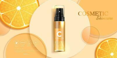 cosmetici vitamina c o pelle cura Prodotto Annunci con bottiglia, realistico pacchetto modello. bandiera anno Domini per bellezza prodotti e arancia sfondo. vettore design.