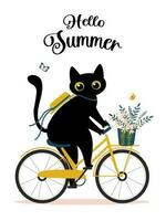 Ciao estate. un' carino nero gatto cavalcate un' bicicletta e gode il inizio di estate. divertente animale con un' mazzo di fiori e farfalle su un' bianca sfondo. vettore. vettore