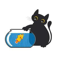divertente carino nero Grasso gatto giochi con un' zampa con un' d'oro pesce nuoto nel un acquario isolato su un' bianca sfondo. vettore. vettore