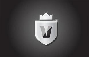 scudo creativo v lettera dell'alfabeto logo icona in colore grigio. design aziendale per l'identità del modello aziendale con corona del re e scintilla di luce vettore