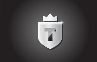 scudo creativo t alfabeto lettera icona logo in colore grigio. design aziendale per l'identità del modello aziendale con corona del re e scintilla di luce vettore
