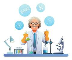 scienziato professoressa conduzione esperimenti nel scienza laboratorio. scientifico ricerca concetto. vettore illustrazione