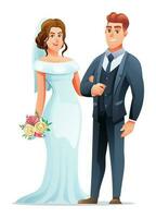 nozze coppia personaggio di uomo e donna appena sposato. contento sposo nel nozze vestito con mazzo vettore
