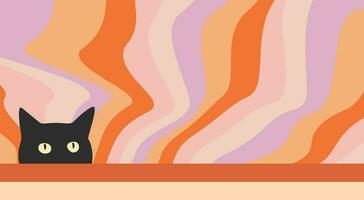 retrò Groovy sfondo con carino nero gatto. astratto orizzontale fondale nel retrò stile anni '60, anni '70. colorato ondulazione onde e gattino testa viso silhouette. comico impaurito vettore illustrazione