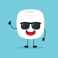 carino contento marshmallow personaggio indossare occhiali da sole. divertente marshmallow salutare amico cartone animato emoticon nel piatto stile. dolce emoji vettore illustrazione
