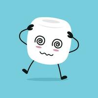 carino vertiginoso marshmallow carattere. divertente ubriaco marshmallow cartone animato emoticon nel piatto stile. dolce emoji vettore illustrazione