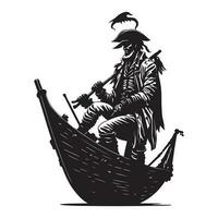 pirata su nave, Capitano su barca nero schema vettore illustrazione.