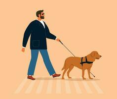 cieco uomo camminare all'aperto con guida cane assistenza. persona chi è visivamente alterata o cieco attraversamento un' strada attraversamento pedonale con un' canna e occhio vedente labrador. visivo menomazione concetto. vettore