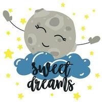 un' cartolina con il iscrizione dolce sogni e un' cartone animato Luna nel il nuvole e su il sfondo di il stellato cielo. vettore per disegno, striscioni, figli di libri e modelli