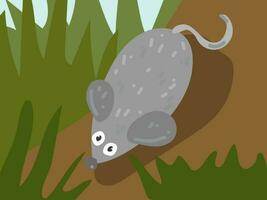 illustrazione di un' cartone animato topo nel il erba. un illustrazione con un' divertente topo. un' grigio topo nel suo solito posto di residenza. figli di illustrazione, stampa per figli di libri vettore