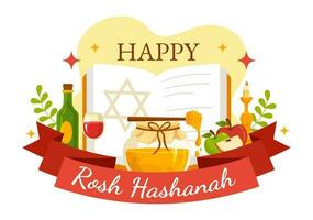 contento Rosh hashanah vettore illustrazione di ebraico nuovo anno vacanza con mela, Melograno, miele e ape nel piatto cartone animato mano disegnato modelli