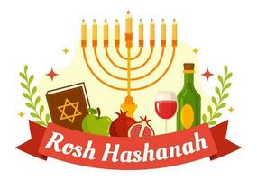 contento Rosh hashanah vettore illustrazione di ebraico nuovo anno vacanza con mela, Melograno, miele e ape nel piatto cartone animato mano disegnato modelli