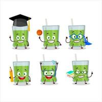scuola alunno di verde Mela succo cartone animato personaggio con vario espressioni vettore
