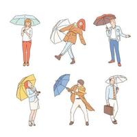 raccolta di personaggi di persone con ombrelli in una giornata piovosa. illustrazioni di disegno vettoriale stile disegnato a mano.