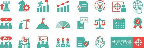 nucleo valori icone impostare, integrità, bersaglio scopo, e strategia. nucleo valori linea icone. fiducia stretta di mano, impegno obbiettivo icone. crescita grafico, innovazione, nucleo valori Rete. solido icona semplice stile. vettore