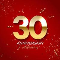 decorazione per la celebrazione dell'anniversario. numero d'oro 30 con coriandoli, glitter e nastri di stelle filanti su sfondo rosso. illustrazione vettoriale