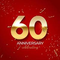 decorazione per la celebrazione dell'anniversario. numero d'oro 60 con coriandoli, glitter e nastri streamer su sfondo rosso. illustrazione vettoriale