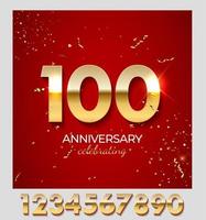 decorazione di celebrazione di anniversario. numero aureo 100 con coriandoli, glitter e nastri di stelle filanti su sfondo rosso. illustrazione vettoriale