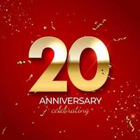 decorazione di celebrazione di anniversario. numero aureo 20 con coriandoli, glitter e nastri di stelle filanti su sfondo rosso. illustrazione vettoriale