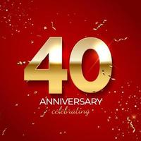 decorazione di celebrazione di anniversario. numero aureo 40 con coriandoli, glitter e nastri di stelle filanti su sfondo rosso. illustrazione vettoriale