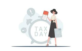un' donna detiene un' calcolatrice e un' imposta modulo nel sua mani. il concetto di pagamento e calcolo di le tasse. vettore illustrazione.