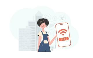 Internet di cose e automazione concetto. un' donna detiene un' Telefono con il IoT logo nel sua mani. vettore illustrazione nel di moda piatto stile.