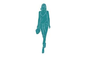illustrazione vettoriale di donna casual che cammina con la sua mini borsa, stile piatto con contorno