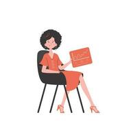 un' donna si siede nel un' sedia e detiene un' pannello con analizzatori e indicatori nel sua mani. Internet di cose concetto. isolato. vettore illustrazione nel piatto stile.