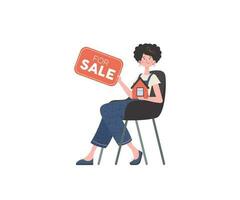 il ragazza è seduta su un' sedia con un' cartello nel sua mani per saldi. vero tenuta vendita concetto. isolato. vettore illustrazione.