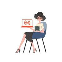un' donna detiene un' il computer portatile e un' processore patata fritta nel sua mani. IoT concetto. isolato. vettore. vettore