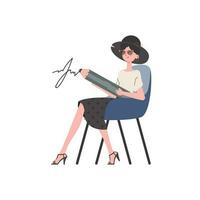 un' donna si siede nel un' sedia e segni con un' matita. isolato. elemento per presentazione. vettore